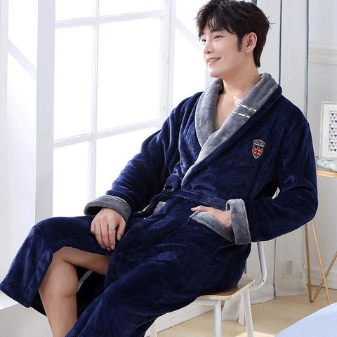 Men Casual Kimono Bathrobe Autumn Winter Flannel Long Robe Thick Warm Sleepwear Plus Size 3xl Nightgown Male Casual Home Wear