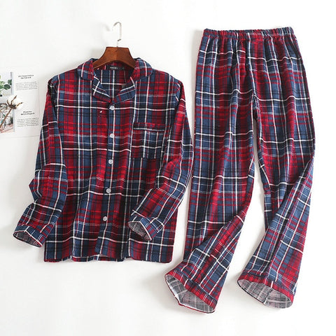 New 100% Cotton Men's Autumn&winter Long-sleeved Trousers Pajamas Suit Red Plaid Flannel Sleepwear Velvet Soft Clothing Set