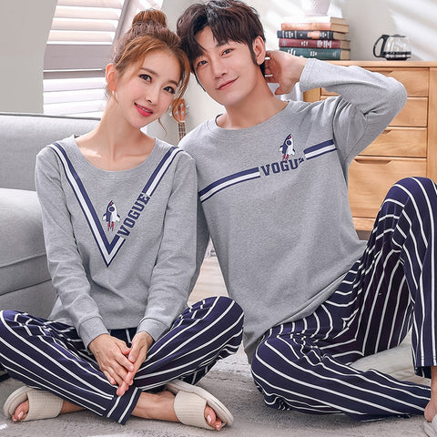 Matching Couple Pajama Set Cotton Pijamas Long Sleeve Sleepwear His-and-her Home Suit Pyjama For Lover Man Woman Lovers' Clothes