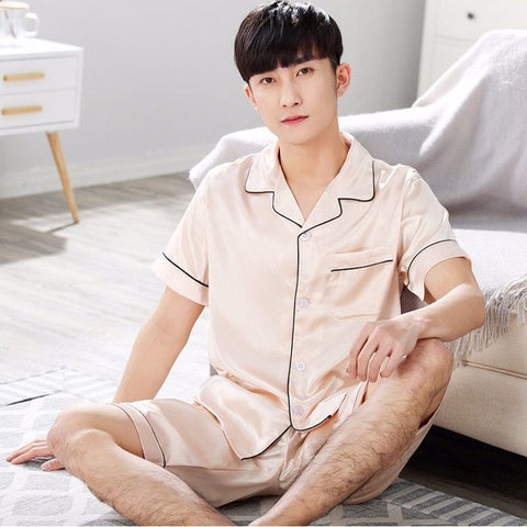 Summer Short Solid Sleeved Men Pyjamas Imitate Silk Polyester Men Pajama Sets Satin Pajama Lover Sleepwear Pajamas Nightgown 3XL
