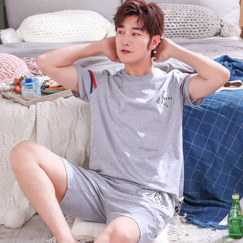 Summer New Knitted Cotton Short Sleeved Men Pajamas Sets Male Pajama Set Letter Pajama For Men Sleepwear Suit Homewear Size Xxxl