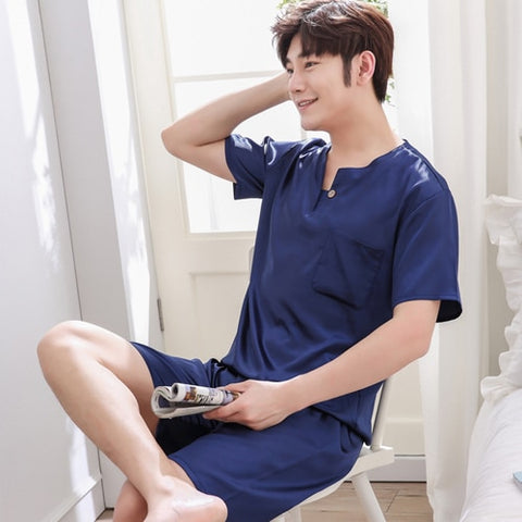 Thoshine Brand Spring Summer Autumn Men Satin Silk Pyjamas Sets of T-shirt & Shorts Male Pijama Sleepwear Leisure Home Clothing